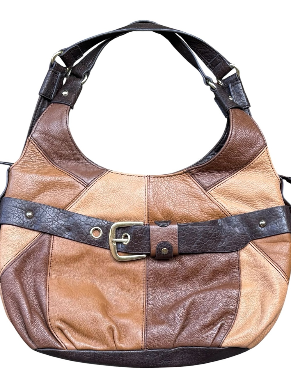 Vtg Etienne Aigner Hobo Brown Leather Colorblock Patchwork Bag Buckle Accent